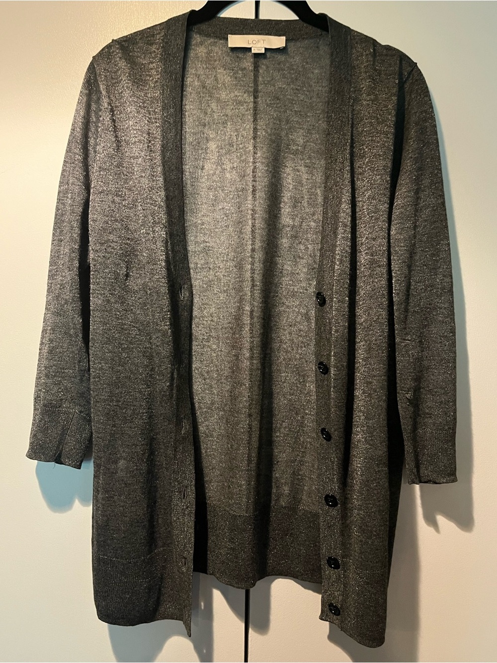 LOFT Dark Gray Open-Front Button Cardigan